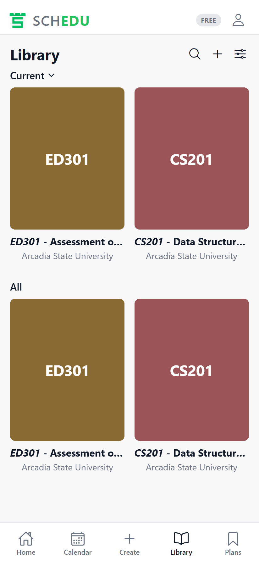 A clean library of every subject and lesson